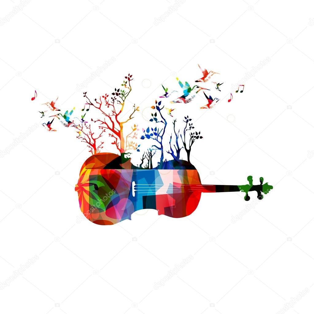 Colorful violoncello and hummingbirds