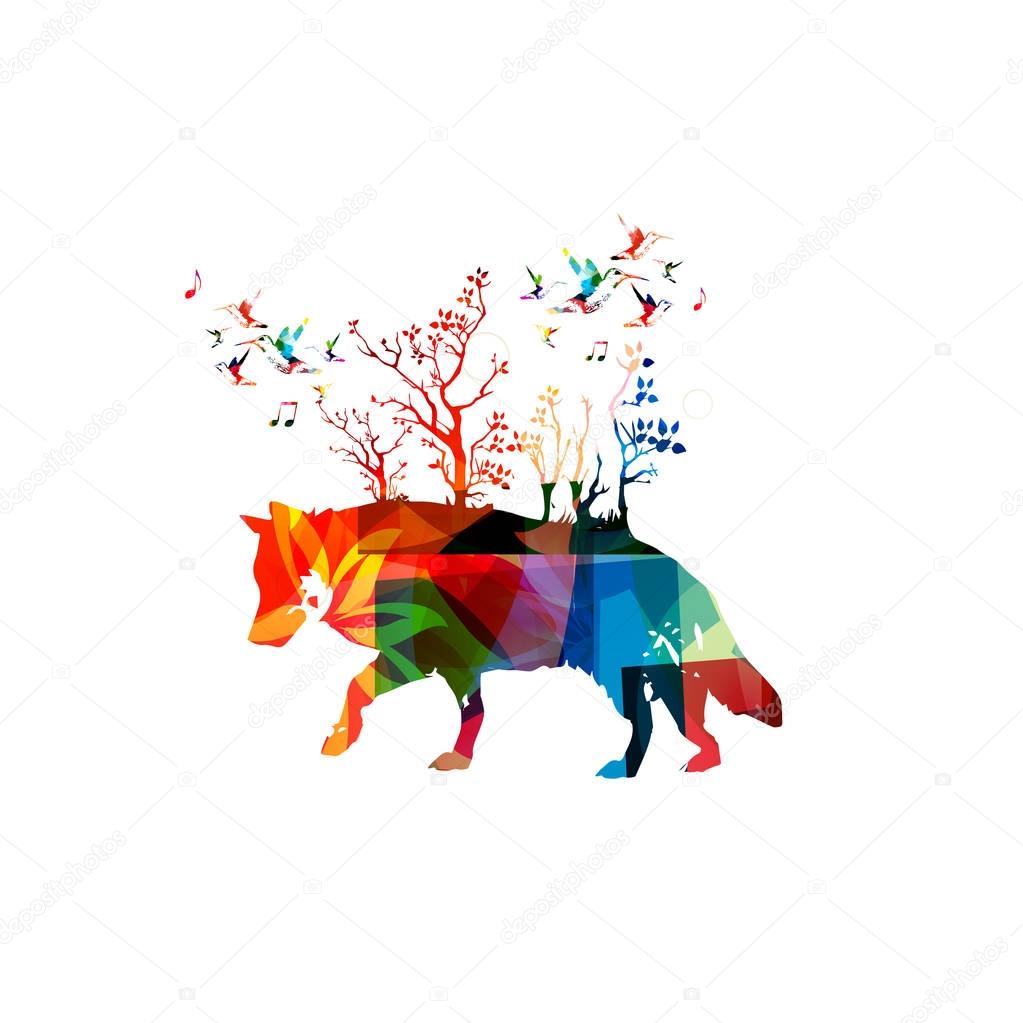Colorful wolf with hummingbirds