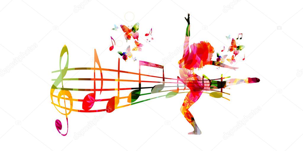 Colorful notes with woman silhouette dancing