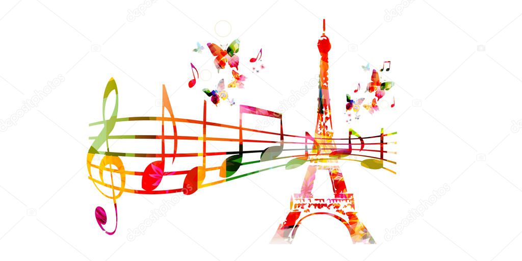 Colorful Eiffel Tower with music staff 