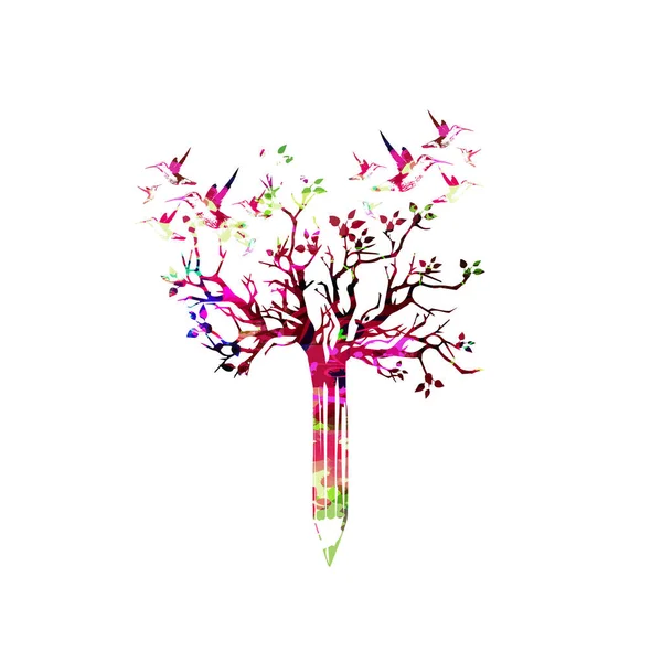 Lápiz con copas de árboles y colibríes — Vector de stock