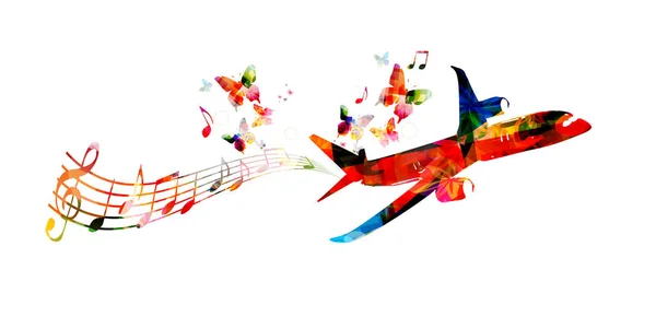 Avião com notas musicais e borboletas — Vetor de Stock