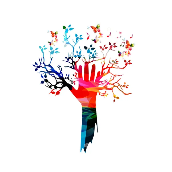 Mão humana com árvore e borboletas — Vetor de Stock