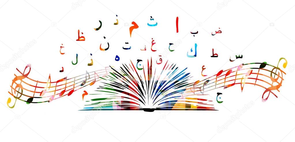 Colorful book with music notes and Arabic Islamic calligraphy symbols isolated. Arabic alphabet text with book background vector illustration. Design for poster, brochure, invitation, banner, flyer