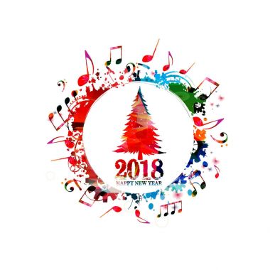 Noel ağacı vektör çizim. Mutlu yeni yıl 2018 yazıt ile renkli Noel ağacı tasarım arka plan