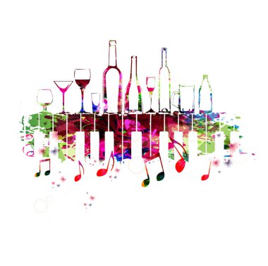 Müzik piyano tuşları ve şişe renkli tasarımı. Müzik aleti vektör çizim. Restoran poster, Restoran Menü, şarap tatma olayı için şişe ile piyano klavye aracı arka plan