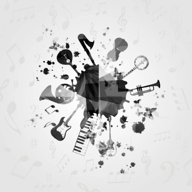 müzik aletleri. Siyah ve beyaz mikrofon, piyano, saksafon, trompet, viyolonsel, kontrbas ve gitar vektör illüstrasyon izole
