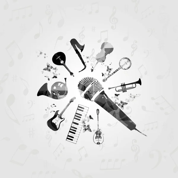 Instrumentos Musicales Micrófono Blanco Negro Piano Saxofón Trompeta Violonchelo Contrabajo — Vector de stock