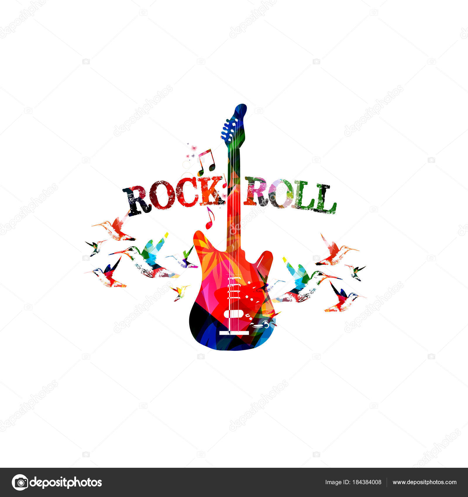 Colorful Electric Guitar Words Rock Roll Colibri White Background Stock