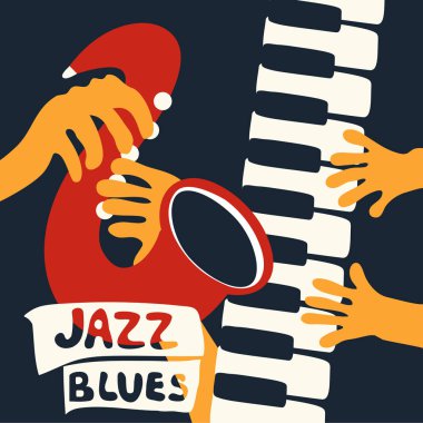 Renkli caz blues müzik poster, eller saksafon ve piyano tuşlarında oynarken 