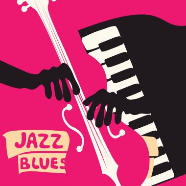 Renkli caz blues müzik poster, eller viyolonsel ve piyano tuşlarında oynarken 