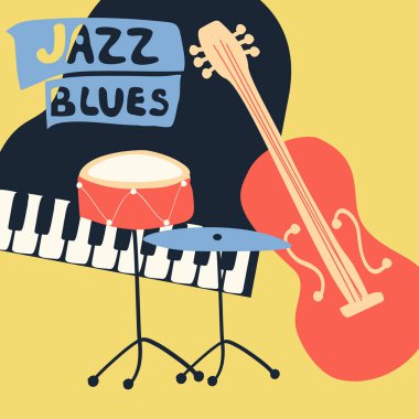 Müzik aletleri üzerinde sarı arka plan ile caz müzik festivali afiş