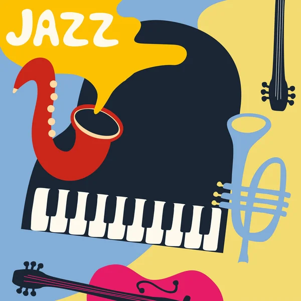 Cartel Del Festival Música Jazz Con Instrumentos Música Sobre Fondo — Archivo Imágenes Vectoriales