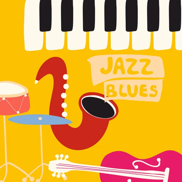 Jazz Blues Music Festival Poster Music Instruments Yellow Background — Stock Vector