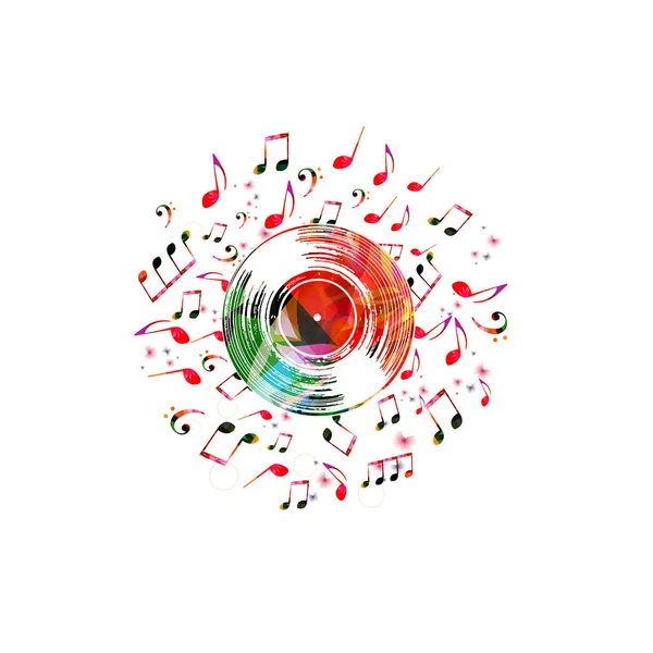 Colorful Vinyl Record Flying Notes White Background — Stock Vector