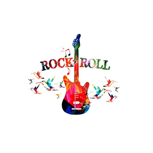 Guitare Électrique Colorée Avec Mots Rock Roll Colibri Sur Fond — Image vectorielle