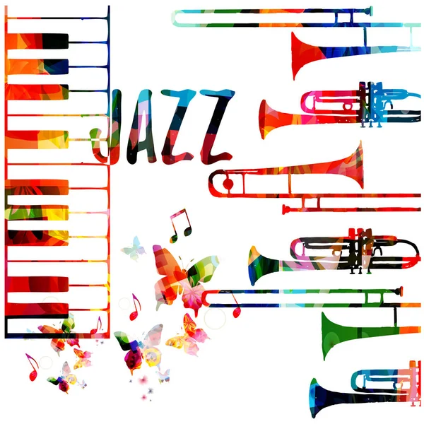 Colorful Word Jazz Trombones Piano Keys Butterflies White Background — Stock Vector