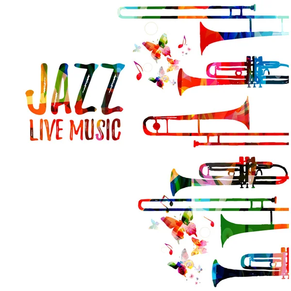 Colorful Words Jazz Live Music Trombones Butterflies White Background — Stock Vector