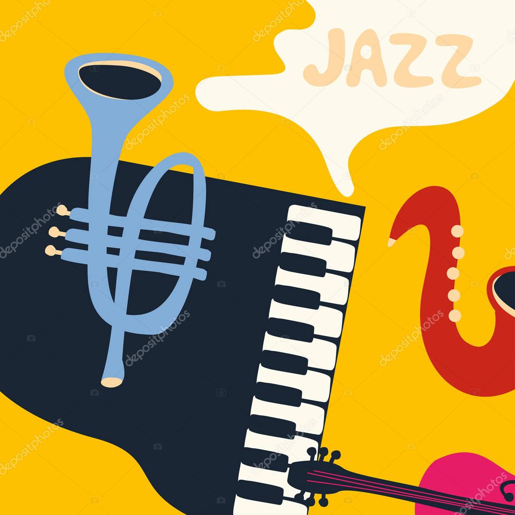 Jazz music festival poster with music instruments on colorful background