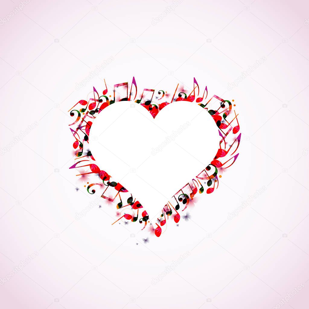 Colorful musical heart with notes on white and pink background