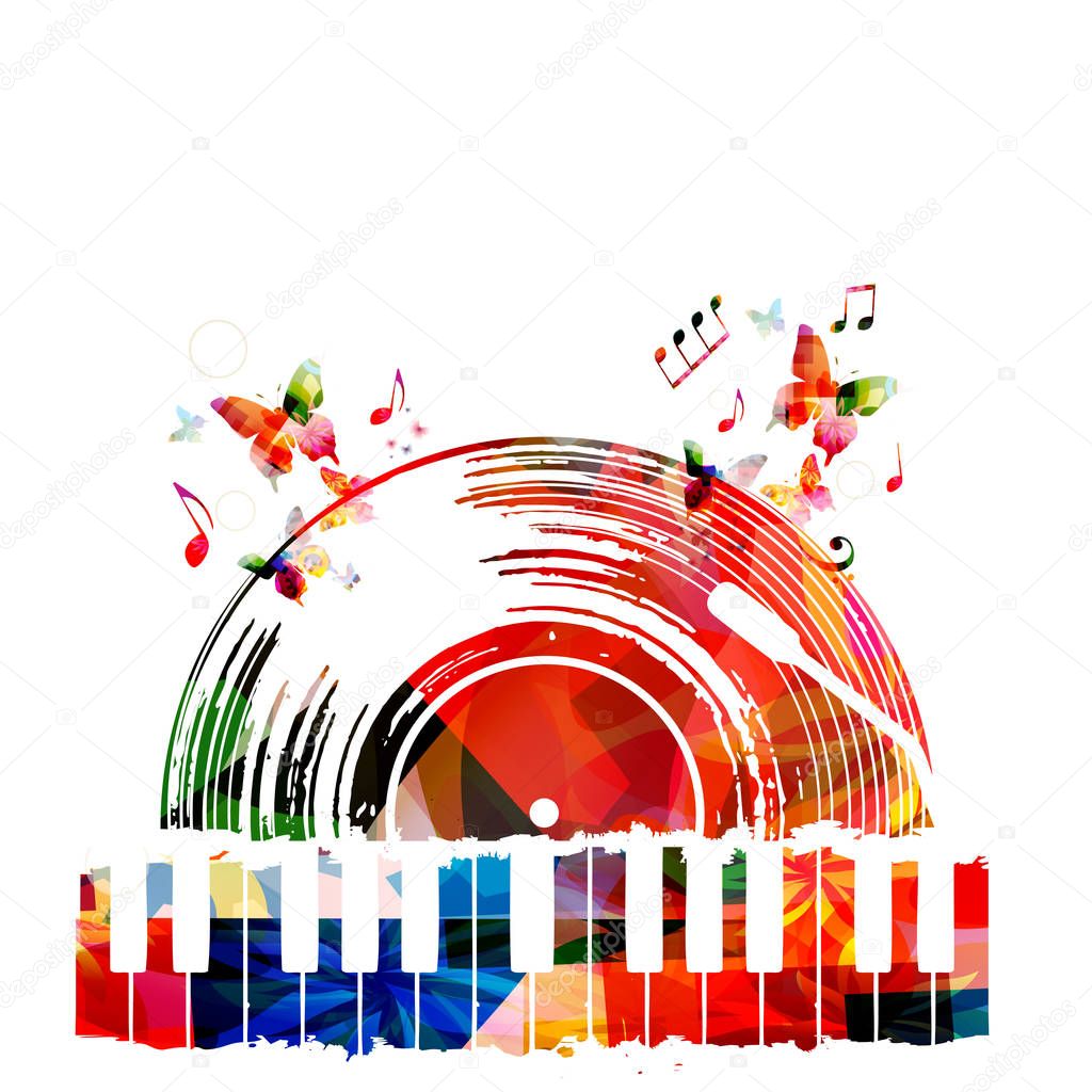 Colorful vinyl record with piano-keys, notes and butterflies on white background