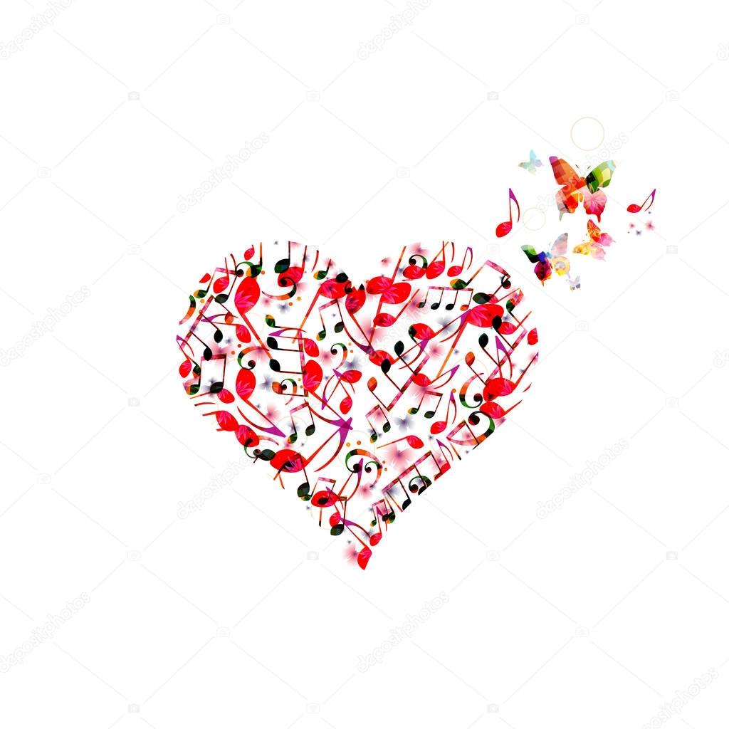Colorful musical heart with butterflies and notes on white background
