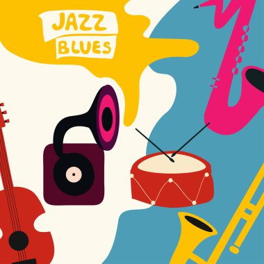 Müzik aletleri ile caz müzik festivali renkli afiş. Gramofon, viyolonsel, gitar, saksafon ve mikrofon düz vektör çizim. Caz Konseri
