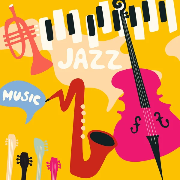 Jazz Muziek Festival Kleurrijke Affiche Met Muziekinstrumenten Grammofoon Cello Gitaar — Stockvector