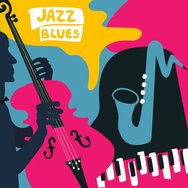 Jazz Muziek Festival Kleurrijke Affiche Met Muziekinstrumenten Grammofoon Cello Gitaar — Stockvector