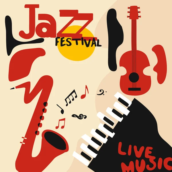 Jazz Muziek Festival Kleurrijke Affiche Met Muziekinstrumenten Grammofoon Cello Gitaar — Stockvector