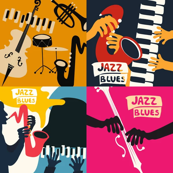 Jazz Muziek Festival Kleurrijke Affiche Met Muziekinstrumenten Grammofoon Cello Gitaar — Stockvector