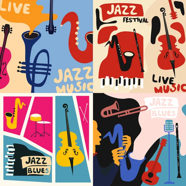 Jazz Muziek Festival Kleurrijke Affiche Met Muziekinstrumenten Grammofoon Cello Gitaar — Stockvector