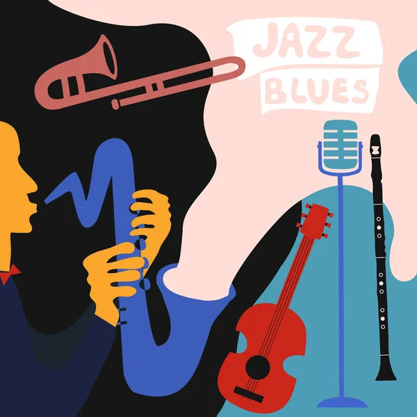 Jazzmusikfestival Buntes Plakat Mit Musikinstrumenten Grammophon Violoncello Gitarre Saxophon Und — Stockvektor