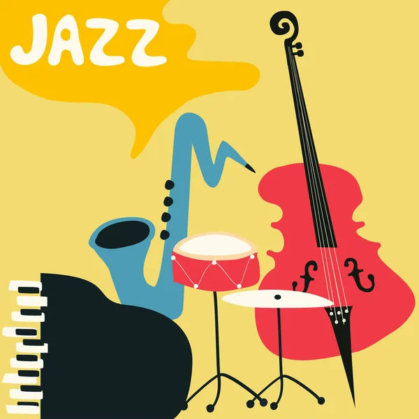 Jazz Music Festival Colorful Poster Music Instruments Gramophone Violoncello Guitar — Stock Vector