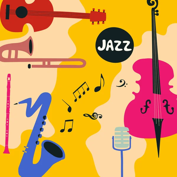 音楽器械のジャズ音楽祭カラフルなポスター 蓄音機 チェロ ギター サックス マイクのフラット ベクトル イラスト ジャズ コンサート — ストックベクタ