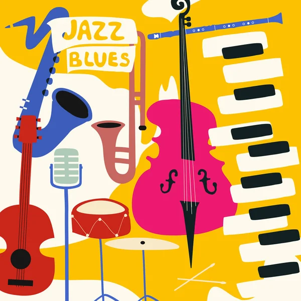 Festival Musica Jazz Poster Colorato Con Strumenti Musicali Grammofono Violoncello — Vettoriale Stock