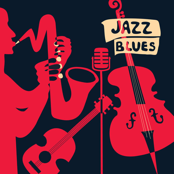 Фестиваль джазовой музыки красочный плакат с музыкальными инструментами. Грамофон, виолончель, гитара, саксофон и микрофон плоские векторные иллюстрации. Джазовый концерт
