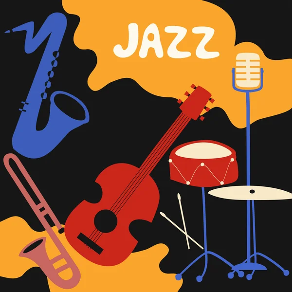 Μουσική Τζαζ Φεστιβάλ Πολύχρωμη Αφίσα Μουσικά Όργανα Γραμμόφωνο Βιολοντσέλο Κιθάρα — Διανυσματικό Αρχείο