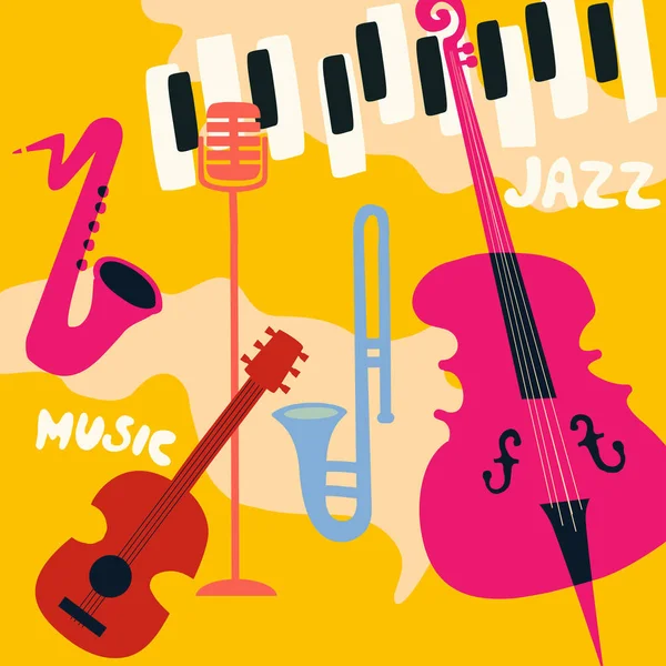 Festival Musica Jazz Poster Colorato Con Strumenti Musicali Grammofono Violoncello — Vettoriale Stock