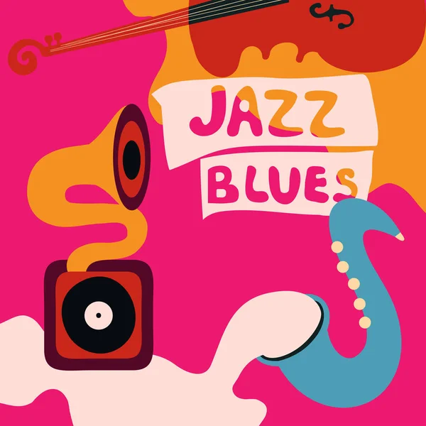Festival Música Jazz Cartel Colorido Con Instrumentos Música Gramófono Violonchelo — Archivo Imágenes Vectoriales