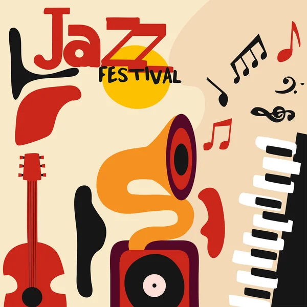 Jazzmusikfestival Buntes Plakat Mit Musikinstrumenten Grammophon Violoncello Gitarre Saxophon Und — Stockvektor