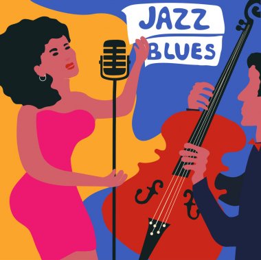 Caz ve blues Müzik Festivali posterin renkli şablonu. Düz vektör çizim ile kadın şarkıcı, mikrofon ve viyolonsel erkek oyuncu