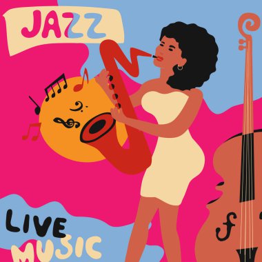 Caz ve blues Müzik Festivali posterin renkli şablonu. Düz vektör çizim ile kadın saksafon oyuncu ve viyolonsel