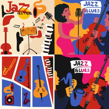 Caz ve blues Müzik Festivali posterleri için dört şablonları kümesi. Farklı müzik aletleri ile düz vektör çizim.