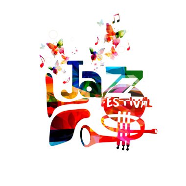 Word arka plan üzerinde beyaz izole kelebekler ile Caz Festivali ile Fransız kornosu silüeti