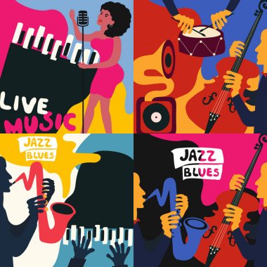 Caz ve blues Müzik Festivali posterleri için dört şablonları kümesi. Farklı müzik aletleri ve sanatçılar ile düz vektör çizim.