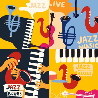 Caz ve blues Müzik Festivali posterleri için dört şablonları kümesi. Farklı müzik aletleri ile düz vektör çizim.