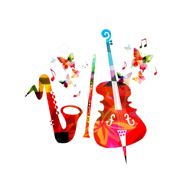 在抽象背景上的萨克斯 单簧管和大提琴的剪影与蝴蝶隔绝白色 — 图库矢量图片
