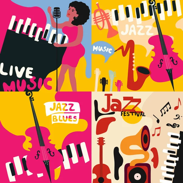 一套四模板的海报爵士乐和蓝调音乐节 使用不同乐器的平面矢量插图 — 图库矢量图片