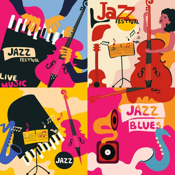 Ensemble Quatre Gabarits Pour Affiches Festival Musique Jazz Blues Illustration — Image vectorielle